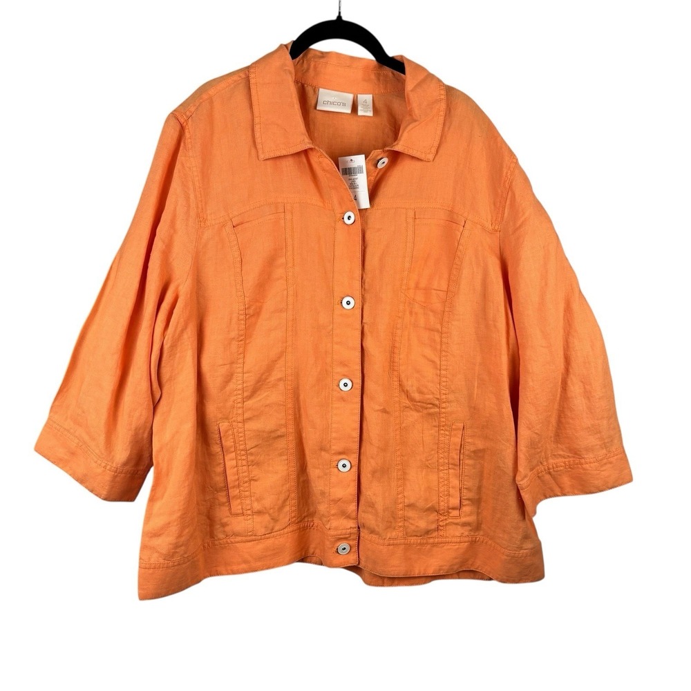 NWT Chico's Women's Jean Jacket Linen Orange Cantaloupe Size 2XL 4 Beach Resort